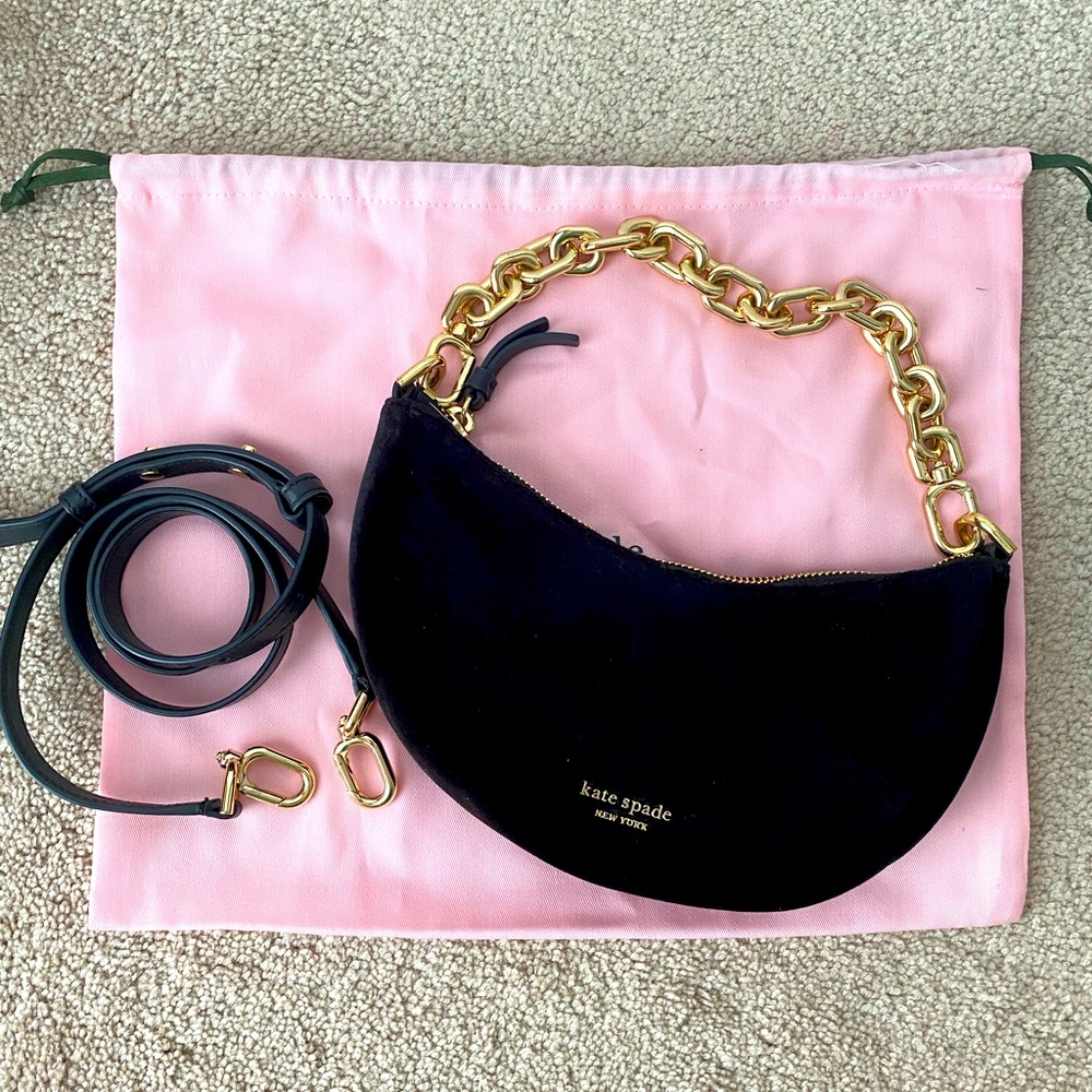 Kate Spade New York Smile Small Velvet Crossbody with gold chain and long strap